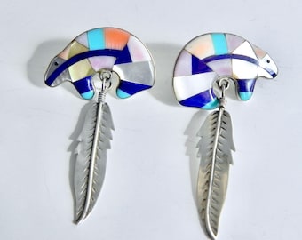 Vintage Navajo Sterling Earrings with Gemstones Bear and Feather Design