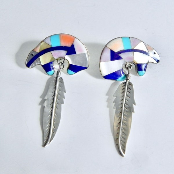 Vintage Navajo Sterling Earrings with Gemstones Bear and Feather Design