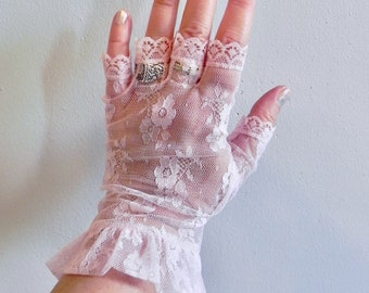 Vintage Fingerless Pink Lace Gloves, Dead Stock Gloves with Ruffle Cuff