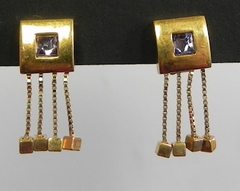 Vintage 40s Dangle Earrings, Gold Box Chain Tassel Earrings with Purple glass