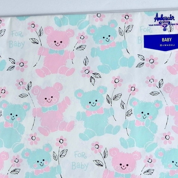 Vintage Wrapping Paper 60s Pink and Blue Teddy Bears