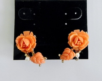 Vintage Earrings 40s Carved Coral Roses with Pearl