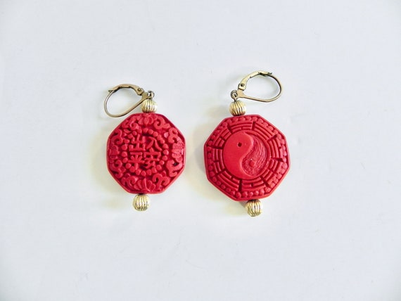 Vintage Red Cinnabar Earrings , Handmade Carved Y… - image 5