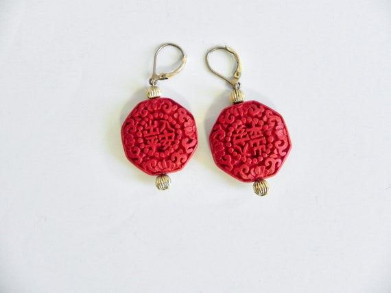 Vintage Red Cinnabar Earrings , Handmade Carved Y… - image 2