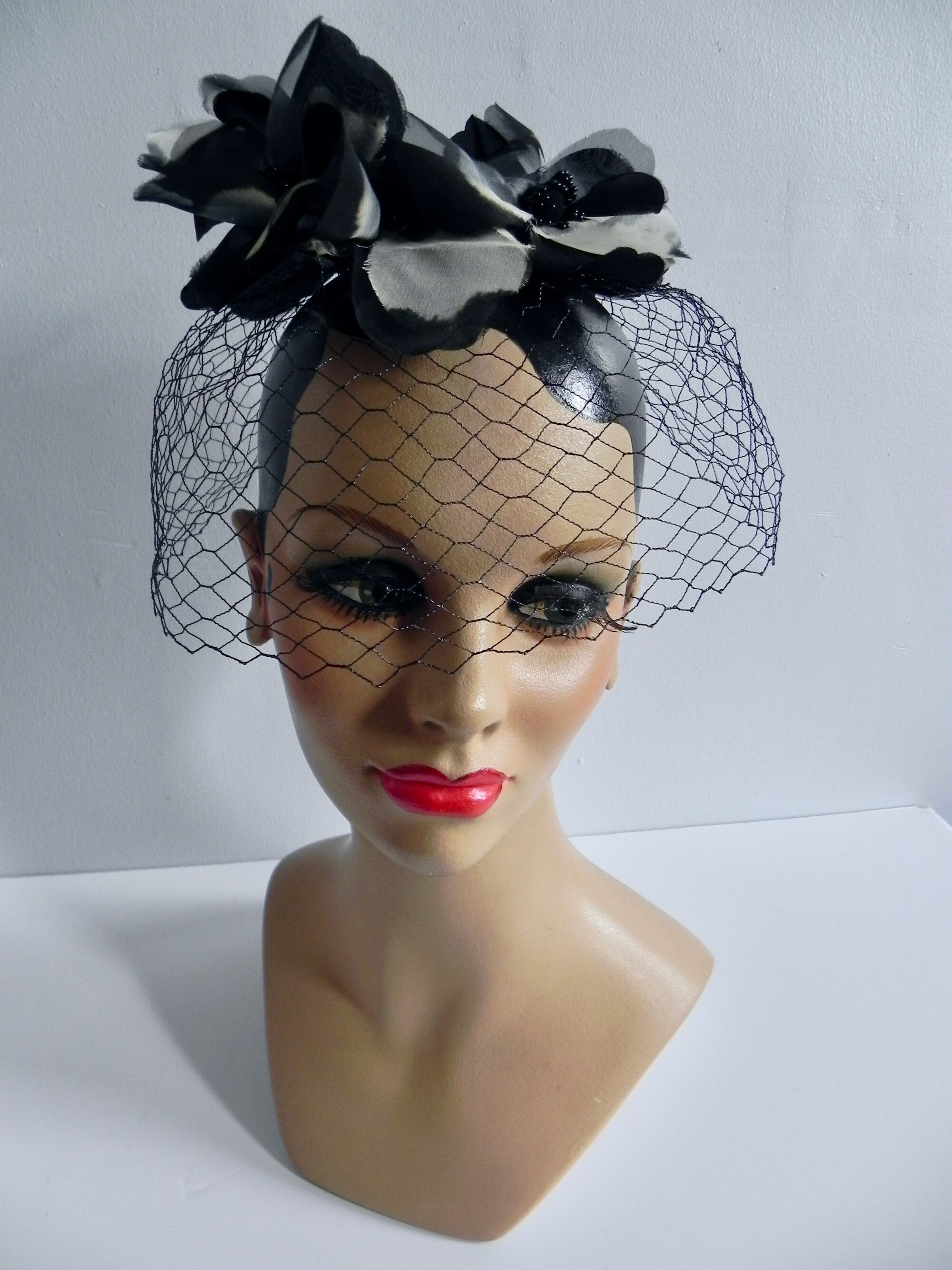 Vintage 50s Birdcage Hat Black Veil Fascinator with Flowers Etsy