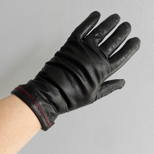 Vintage Black Leather Gloves , Red Stitch Trim Warm Lined Gloves