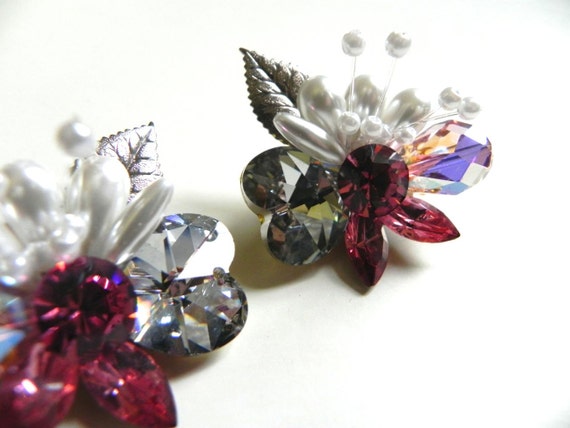 Vintage Earrings Pink Rhinestone with Pearl Anten… - image 3