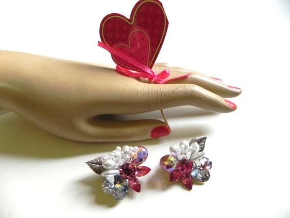 Vintage Earrings Pink Rhinestone with Pearl Anten… - image 4