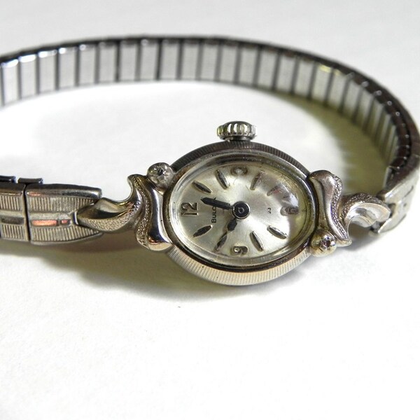 Elegant 1950s 10k White Gold rgp Diamond Bulova Vintage Watch -works great