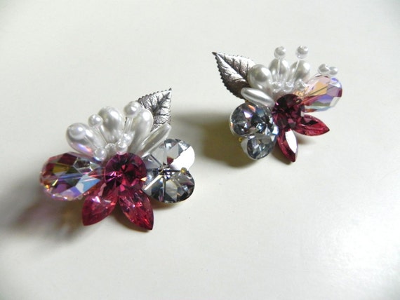 Vintage Earrings Pink Rhinestone with Pearl Anten… - image 1