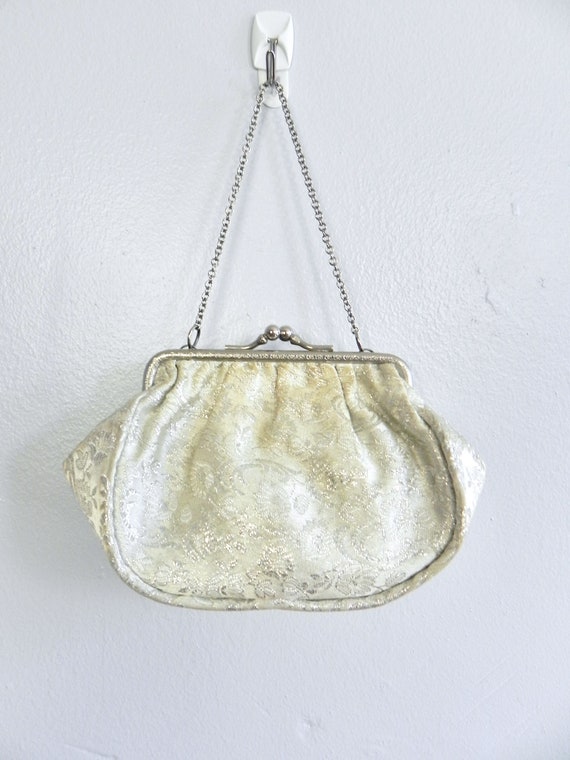 Vintage Brocade Handbag , Silver Metallic Lace Loo