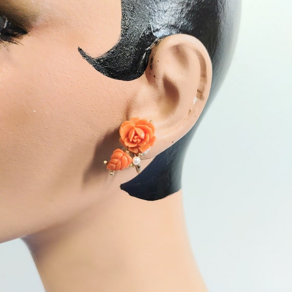 Vintage Earrings 40s Carved Coral Roses with Pearl - image 7