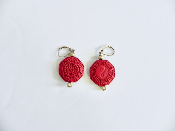 Vintage Red Cinnabar Earrings , Handmade Carved Y… - image 6