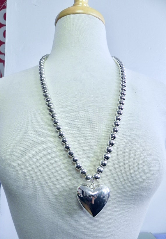 Vintage Puffy Heart Necklace Pendant with Silver B