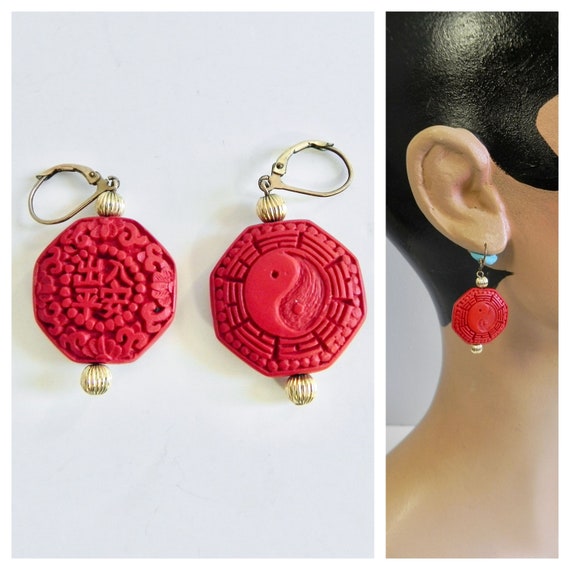 Vintage Red Cinnabar Earrings , Handmade Carved Y… - image 1