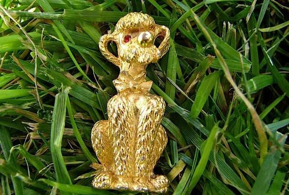 Vintage 50s Gold Poodle Pin , Poodle Dog Brooch wi