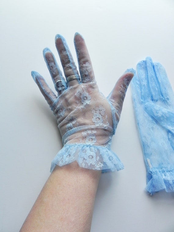 Vintage 80s Blue Lace Gloves, Dead Stock Gloves wi