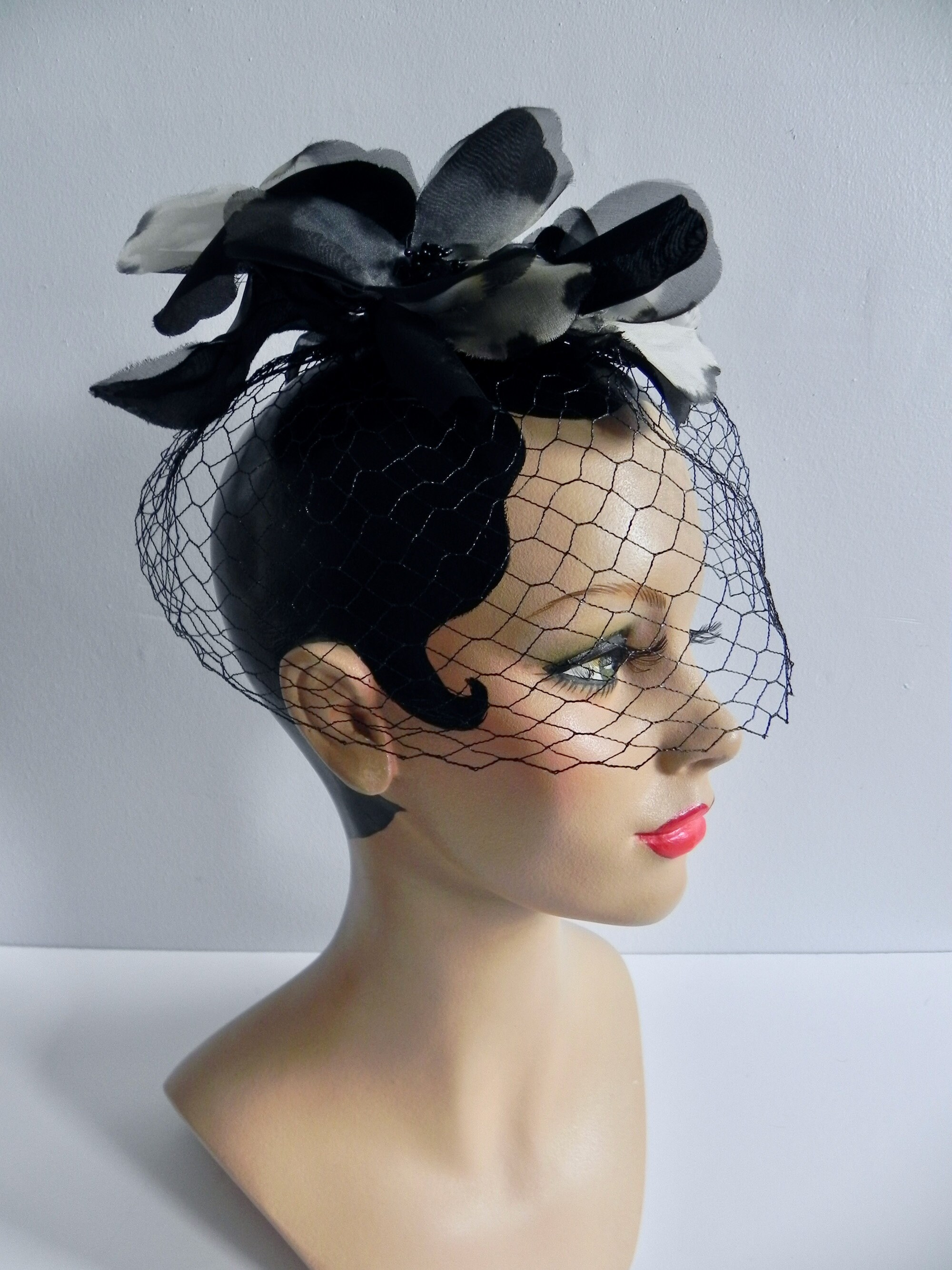 Vintage 50s Birdcage Hat Black Veil Fascinator with Flowers Etsy