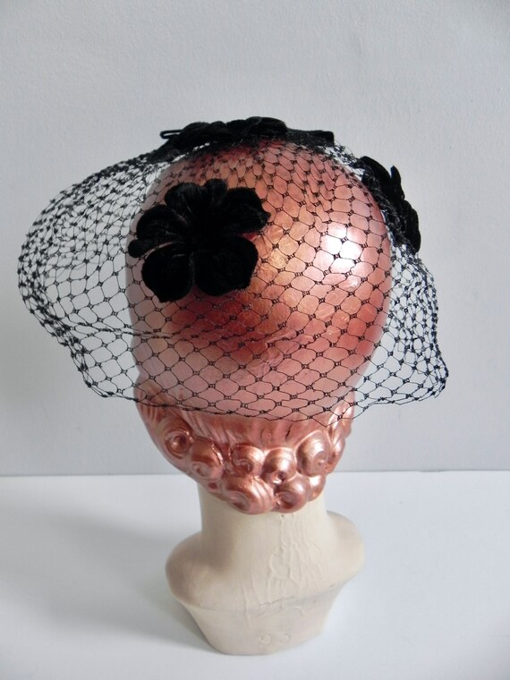 Vintage 50s Birdcage Hat Black Veil Fascinator - image 2