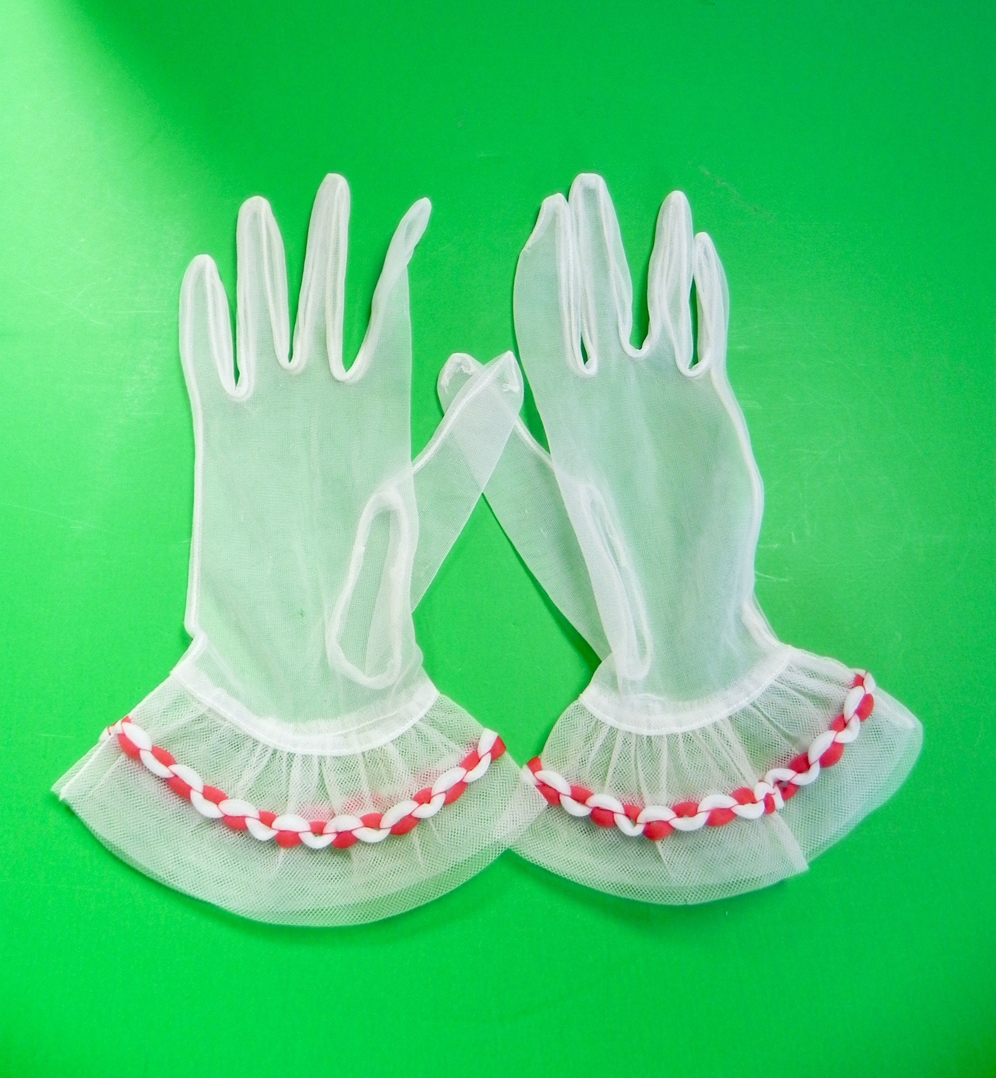 Vintage Net Gloves 40s Sheer Gloves with Red stitching and Etsy