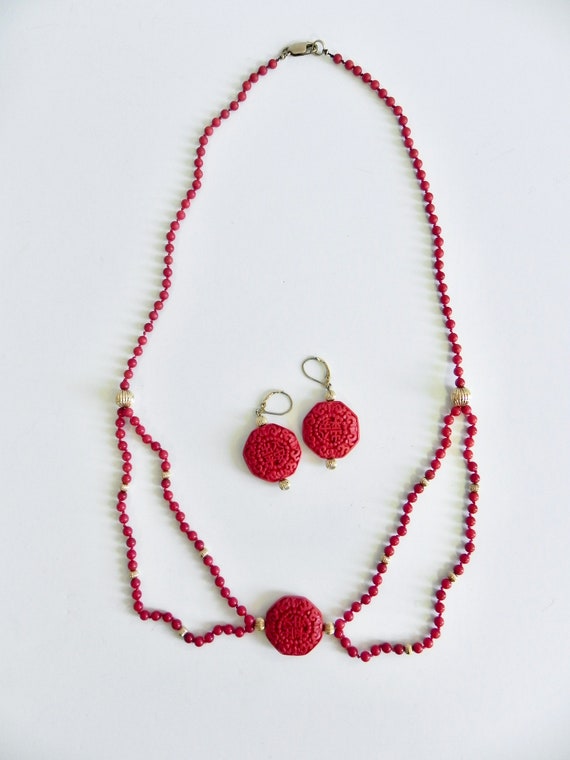 Vintage Red Cinnabar Earrings , Handmade Carved Y… - image 8