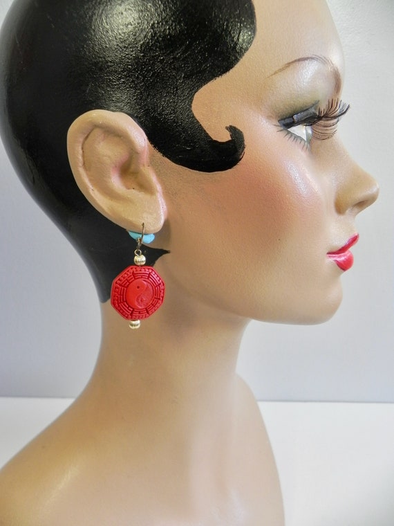 Vintage Red Cinnabar Earrings , Handmade Carved Y… - image 3