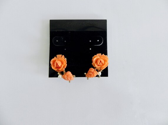 Vintage Earrings 40s Carved Coral Roses with Pearl - image 1