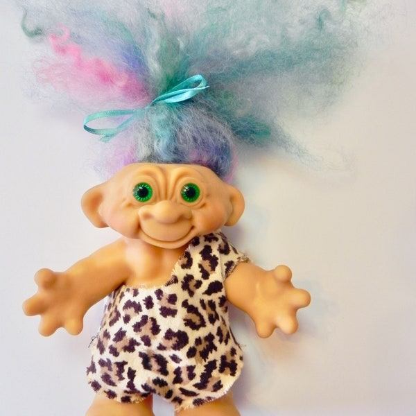 Vintage 60s Original Unmarked DAM Troll , Troll Bright Green Spiral Eyes Icelandic Wool Blue Pink Purple Hair