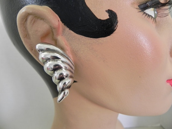 Vintage Sterling Modernist Earrings , Wing Ear Cli