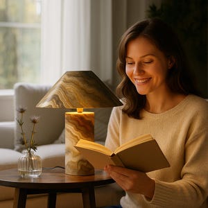 Lámpara de mesa de mármol de lujo, moderna lámpara de escritorio con pantalla dorada para dormitorio, sala de estar, hogar, oficina, iluminación minimalista de piedra, decoración