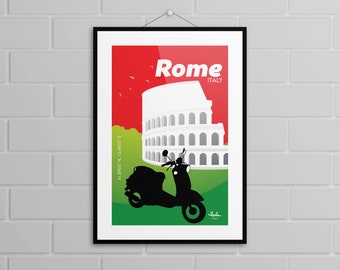 Wall Art: Rome, Italy, Travel, Europe, Vespa, Illustration