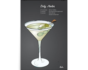 Wall Art: Cocktails, Dirty Martini, Adult Beverages, Bartender, Drinks, Recipes, Illustration