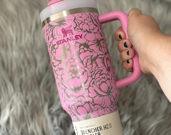40oz Stanley Quencher H2.0 Peony with full wrap peony engrave