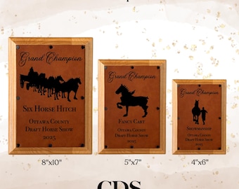 Custom Draft Horse Show Plaque: Engraved Wood and Leather Award