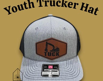Custom Youth Excavator Theme Trucker Hat | Youth Hat | Youth Richarson Hat | Leather Patch Hat