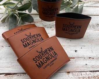 Custom engraved leatherette coffee collars | company swag | coffee shop branding | brand | promotional