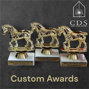 Custom 6&quot; Draft Horse Trophy with Marble Base – Personalized Horse Award with 3 Lines of Text
