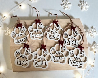 Wood Paw Print Pet Ornament Stocking Tag with Name