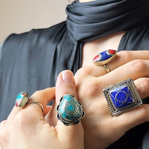 Handmade Nepalese Boho Rings – Vintage Tibetan Jewelry with Turquoise, Lapis Lazuli & Coral Stones – Ethnic Adjustable Statement Rings