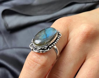 Adjustable Labradorite Ring: Nepalese Boho Nickel Silver Statement Jewelry