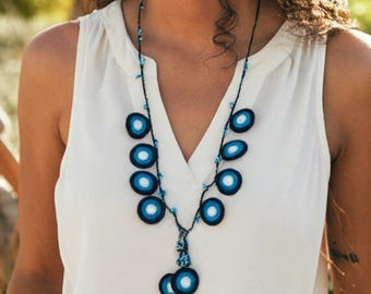 Handmade Crochet Evil Eye Necklace: Turquoise Boho Amulet