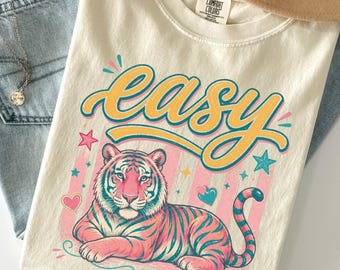 Comfort Colors Easy Tiger Shirt, Boho Summer Tee, Trendy Summer Bay Coastal Watercolor Graphic Stripes T-Shirt, Cute Funny Quote Tee
