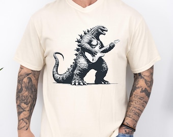 Godzilla Electric Guitar T-Shirt,Vintage Godzilla Parody Rockstar Dinosaur Graphic Tee,Music Lover Tee