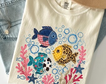 Comfort Colors® Sea Animals t-shirt, Ocean Animals Shirt, Sea Life Tee, Sea Animals Shirt, Retro Ocean Shirt, Fish Shirt,Faux Patchwork Tee
