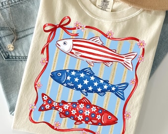 Preppy Coastal Tee, Fish Usa Flag Tee, Usa Fish Flag Tee, Fish Lovers Tee, Coastal Summer Beach Shirt ,Preppy Beach Shirt, Sea Animal Lovers