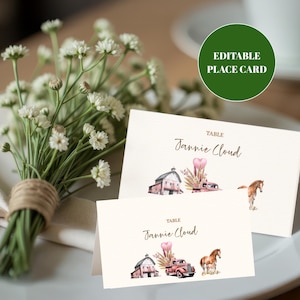 Cartões de lugar de fazenda editáveis, cartões de lugar de casamento no campo e jardim, perfeitos para chá de bebê, festa de aniversário na fazenda, decorações rústicas de casamento
