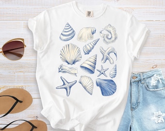 Vintage Seashell T-shirt Comfort Colors Cotton Cottagecore Aesthetic Shirt Nautical Tee Ocean Swimsuit Coverup Oversized Coastal Surf Shirt