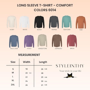 May include: Image of long-sleeve t-shirts in colours such as ivory, white, and black. A size chart shows measurements in inches. The image also includes the text "STYLEINTHY" and a cat logo. The t-shirts are available in various sizes.