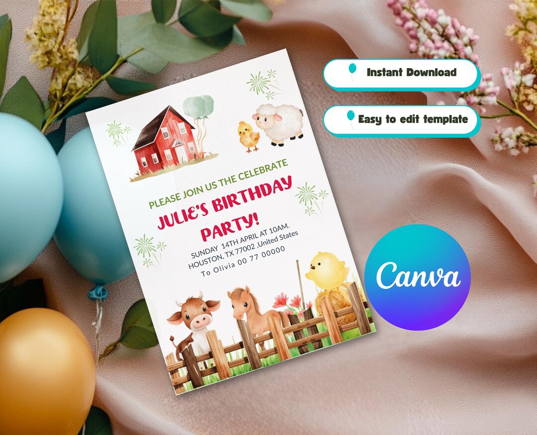 Editable Farm Birthday Invitation for Boy Girl, Farm Animals 1st ...