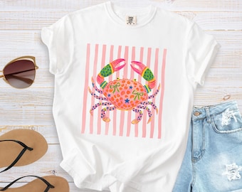 Comfort Colors Crab Shirt, Preppy Crab Graphic T-shirt,  Boho Summer Beach Shirt, Retro Print Nautical Image TShirt